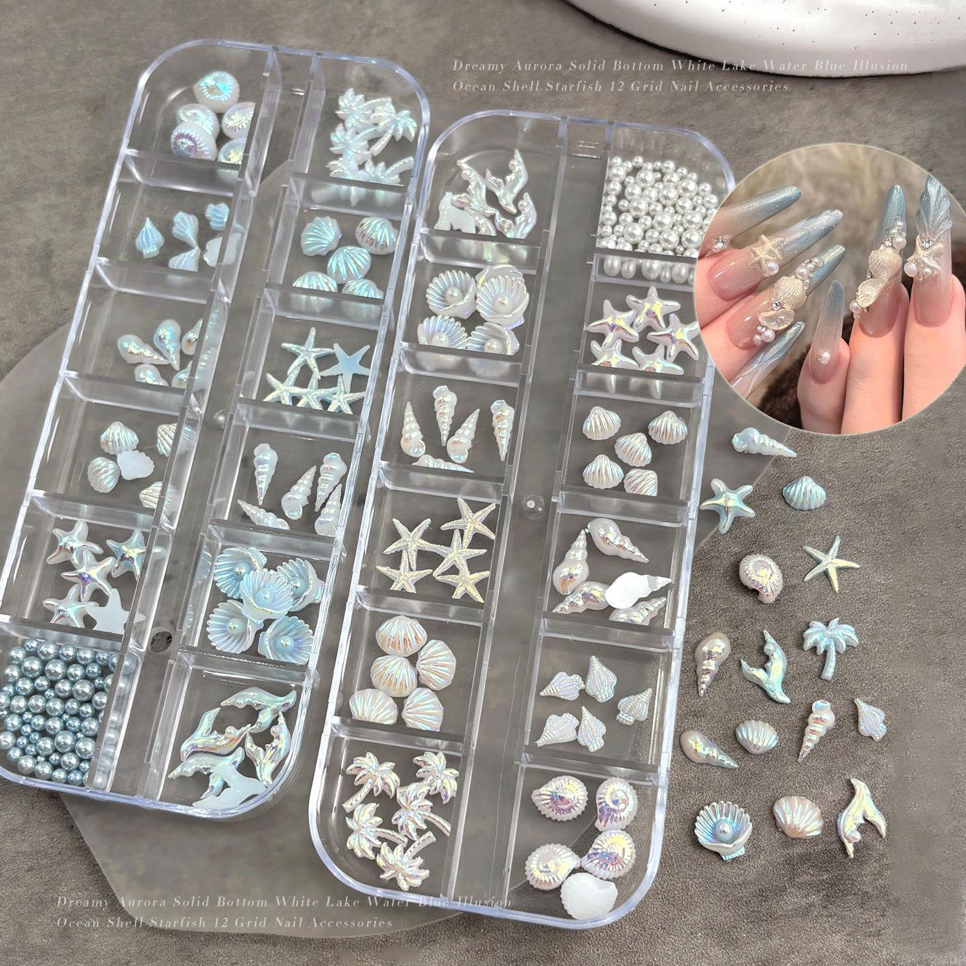 12칸 3D 믹스 오션 스타일 네일 참 블루 레진 쉘  - Resin Art Beach Theme 리뷰 및 가격